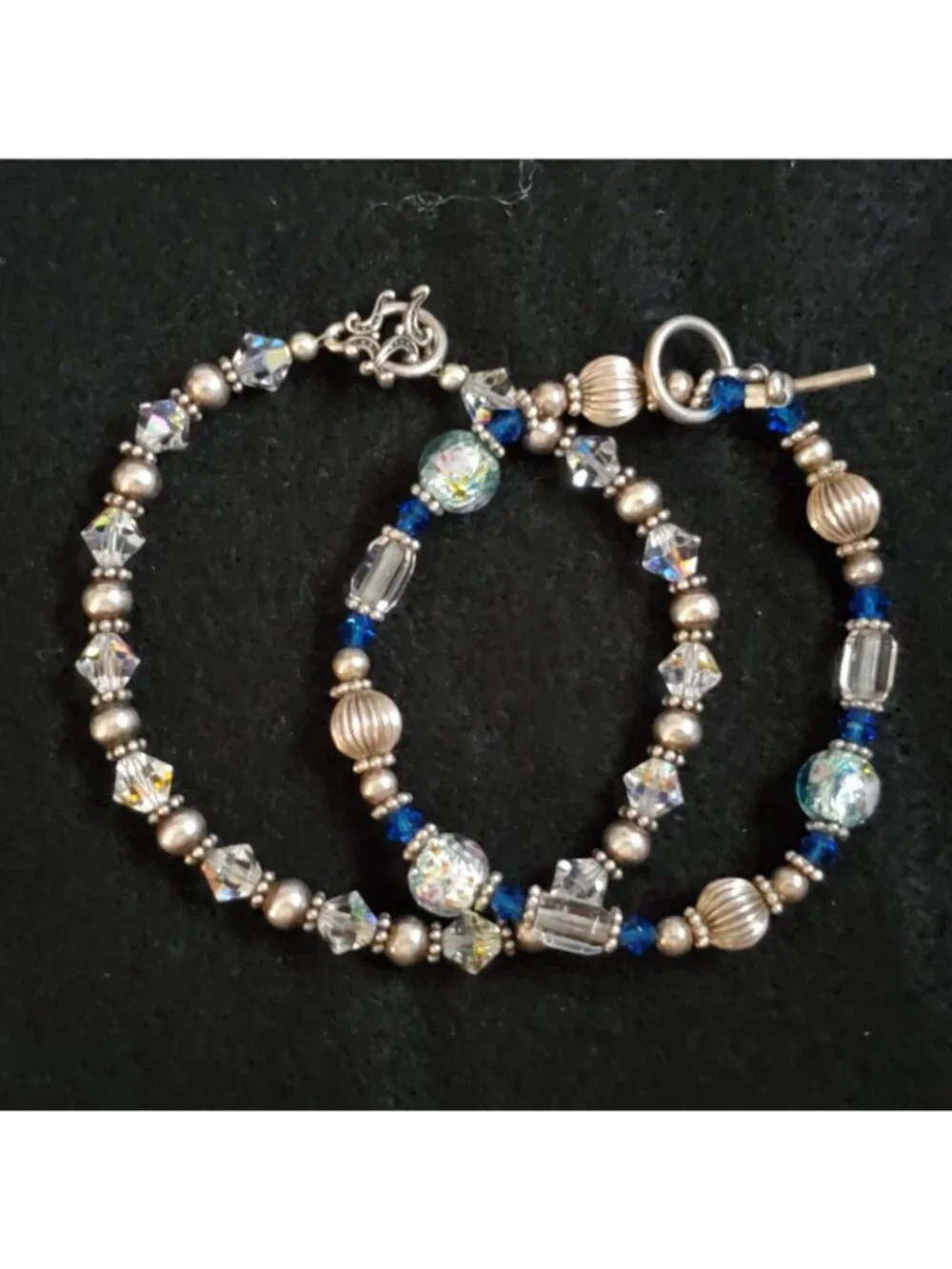 Crystal Beaded Bracelet Lot Silver Tone AB Blue Floral 6.5